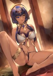 Rule 34 | 1girl, ankh, bare legs, bare shoulders, barefoot, black panties, blue eyes, blue hair, blunt bangs, breasts, candace (genshin impact), cleft of venus, commentary request, crop top, dutch angle, genshin impact, heterochromia, highres, jewelry, knee up, large breasts, long hair, low twintails, midriff, nashidrop, navel, neck ring, no pants, panties, purple lips, pussy, sitting, solo, stomach, thighlet, thighs, twintails, underwear, yellow eyes