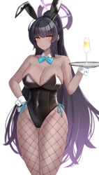 Rule 34 | 1girl, absurdres, animal ears, black hair, black leotard, blue archive, blush, bow, bowtie, breasts, cleavage, closed mouth, cocktail glass, covered navel, cup, curvy, dark-skinned female, dark skin, detached collar, drinking glass, earrings, fake animal ears, fishnet pantyhose, fishnets, groin, halo, hand on own hip, high ponytail, highleg, highleg leotard, highres, holding, holding tray, jewelry, kanta (kanta 077), karin (blue archive), karin (bunny) (blue archive), large breasts, leotard, long hair, official alternate costume, pantyhose, playboy bunny, pout, rabbit ears, shiny clothes, shiny skin, solo, standing, traditional bowtie, tray, very long hair, wide hips, wrist cuffs, yellow eyes