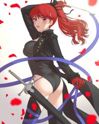 Rule 34 | 1girl, arm up, ass, black jacket, black leotard, black ribbon, black thighhighs, boots, breasts, buttons, gloves, jacket, leotard, long hair, medium breasts, persona, persona 5, persona 5 the royal, ponytail, red eyes, red gloves, red hair, ribbon, shirotoge, simple background, solo, thigh boots, thighhighs, thighs, yoshizawa kasumi