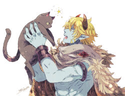 Rule 34 | 1boy, animal, another eden, black cat, blonde hair, brown cape, cape, cat, colored skin, commentary request, dated, demon boy, demon horns, fur cape, grey skin, guildna (another eden), hair between eyes, holding, holding animal, holding cat, horns, male focus, muscular, muscular male, open mouth, short hair, signature, simple background, solo, star (symbol), tokio (okt0w0), upper body, white background