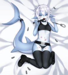 Rule 34 | 1girl, bad id, bad twitter id, bed sheet, belt, black footwear, black panties, black thighhighs, blood, bloody knife, blue eyes, blue skin, boots, breasts, bullet, collar, collarbone, colored skin, commentary, covered erect nipples, cuffs, fangs, fins, fish girl, fish tail, from above, full body, groin, hair between eyes, handcuffs, hands up, highres, injury, knife, licking, licking blade, licking weapon, looking at viewer, lying, monster girl, multicolored skin, navel, ompf, on back, open mouth, original, panties, pointy ears, saliva, shark girl, shark tail, short hair, silver hair, slit pupils, small breasts, solo, sports bra, stomach, tail, thigh gap, thighhighs, tongue, tongue out, underwear, underwear only, weapon, white skin