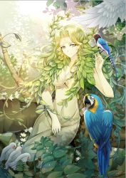 Rule 34 | 1girl, bird, breasts, cardcaptor sakura, cleavage, colored skin, convenient censoring, facial mark, feathered wings, flower, forehead mark, green eyes, green skin, k12io, leaf, long hair, parrot, plant hair, sitting, solo, tree, water, wings, wood (clow card)