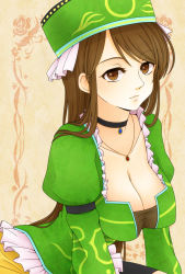 Rule 34 | 1girl, breasts, brown eyes, brown hair, choker, claudia (saga), cleavage, commentary request, eyelashes, hat, jewelry, large breasts, long hair, looking at viewer, necklace, romancing saga minstrel song, saga, sm156, solo