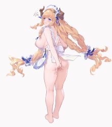 Rule 34 | 1girl, angry, apron, areola slip, ass, blonde hair, blue eyes, blush, breasts, commentary request, covering ass, covering privates, curvy, draph, frilled apron, frilled hairband, frills, from behind, full body, granblue fantasy, hairband, highres, horn ornament, horns, kneepits, large breasts, long hair, looking to the side, naked apron, parted lips, pointy ears, razia, sideboob, sidelocks, simple background, solo, standing, u jie, very long hair, white apron, white background
