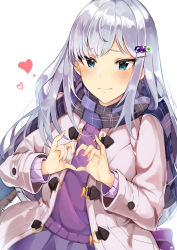 Rule 34 | 1girl, absurdres, blue eyes, coat, duffel coat, fingernails, grey coat, hair ornament, hairclip, heart, heart hands, highres, idolmaster, idolmaster million live!, long hair, long sleeves, looking at viewer, open clothes, open coat, plaid, plaid scarf, purple scarf, purple sweater, raised eyebrows, scarf, shiraishi tsumugi, silver hair, simple background, solo, sweatdrop, sweater, tsurime, tuxedo de cat, upper body, very long hair, white background, winter clothes