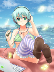 Rule 34 | 1girl, aqua hair, bare arms, bare shoulders, bikini, breasts, collarbone, computer, day, digital media player, female focus, full body, green bikini, green eyes, headphones, highres, horizon, keyboard (computer), laptop, large breasts, legs up, looking at viewer, musical note, ocean, original, outdoors, purple thighhighs, quaver, rick.black, short hair, sitting, sky, solo, striped clothes, striped thighhighs, swimsuit, thighhighs, water