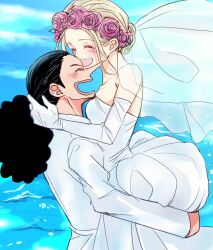 Rule 34 | 1boy, 1girl, alternate costume, ass grab, black hair, blonde hair, blush, closed eyes, commentary request, curly hair, dress, facial hair, flower, formal, goatee, hair flower, hair ornament, happy, highres, kaya (one piece), long hair, long nose, mike (kuroneko1109), one piece, open mouth, outdoors, pink flower, ponytail, smile, suit, usopp, wedding dress