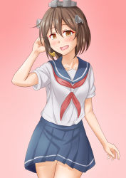Rule 34 | 1girl, anti (untea9), blue sailor collar, blue skirt, brown eyes, brown hair, commentary request, cowboy shot, gradient background, hair between eyes, highres, kantai collection, looking at viewer, neckerchief, open mouth, partial commentary, pleated skirt, red background, red neckerchief, sailor collar, school uniform, serafuku, shirt, short hair, short sleeves, skirt, smile, solo, speaking tube headset, uniform, white shirt, yukikaze (kancolle)