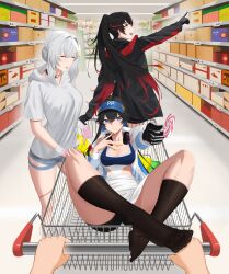 Rule 34 | 1other, 3girls, absurdres, bag of chips, bare arms, bare legs, black hair, black hoodie, black shorts, black socks, blue eyes, blue hair, blue headwear, blue nails, braid, breasts, candy, cleavage, closed mouth, colored inner hair, commandant (punishing: gray raven), commentary request, denim, denim shorts, eating, food, food on hand, french braid, grey hair, grey hoodie, grey shirt, groceries, hair between eyes, hair intakes, hair ornament, hand on another&#039;s knee, headphones, headphones around neck, highres, holding, holding candy, holding food, holding lollipop, hood, hoodie, in shopping cart, jacket, large breasts, liv: empyrea (punishing: gray raven), liv (punishing: gray raven), lollipop, long hair, long sleeves, lucia: plume (punishing: gray raven), lucia (punishing: gray raven), mechanical hands, multicolored hair, multiple girls, official alternate costume, parted bangs, parted lips, pointing, punishing: gray raven, pushing cart, red eyes, red hair, selena (punishing: gray raven), shirt, shopping, shopping cart, short hair with long locks, short shorts, short sleeves, shorts, sidelocks, single mechanical hand, skaven gongcheng shushi, socks, streaked hair, swirl lollipop, twintails, visor cap, white jacket, white shirt, x hair ornament