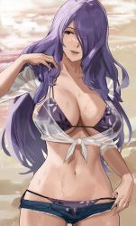 Rule 34 | 1girl, alternate costume, bikini, bikini under clothes, breasts, camilla (fire emblem), cleavage, collarbone, cowboy shot, crop top, day, denim, denim shorts, fire emblem, fire emblem fates, front-tie top, hair over one eye, halterneck, highres, j@ck, large breasts, long hair, looking away, looking to the side, micro shorts, navel, nintendo, open clothes, open fly, open shorts, outdoors, parted lips, purple bikini, purple eyes, purple hair, ribbon, shirt, short sleeves, shorts, side-tie bikini bottom, smile, solo, stomach, string bikini, swimsuit, very long hair, white ribbon, white shirt