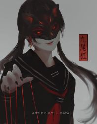 Rule 34 | 1girl, :d, aoi ogata, artist name, black hair, black nails, fangs, fox mask, head tilt, highres, looking at viewer, mask, nail polish, open mouth, original, red eyes, school uniform, serafuku, smile, solo, teeth, translation request, twintails