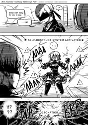 Rule 34 | !?, 1boy, 1girl, android, blindfold, breasts, cleavage, cleavage cutout, clothing cutout, comic, dress, english text, exploding, explosion, gloves, greyscale, highres, juliet sleeves, long sleeves, monochrome, nier (series), nier:automata, open mouth, puffy sleeves, sakon04, short hair, speech bubble, talking, text focus, 2b (nier:automata), 9s (nier:automata)