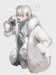 Rule 34 | 1boy, alchemy stars, anger vein, coat, cropped legs, cross hair ornament, cup, disposable cup, fur coat, gloves, grey background, grey hair, grey shirt, hair ornament, hand in pocket, hand up, holding, holding cup, jacket, kyouichi, long sleeves, looking at viewer, male focus, matthieu (alchemy stars), open clothes, open coat, open mouth, pants, shirt, short hair, simple background, solo, spoken anger vein, steam, sweatdrop, tongue, tongue out, turtleneck, v-shaped eyebrows, white coat, white gloves, white jacket, white pants, yellow eyes