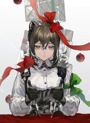 Rule 34 | 1girl, animal ears, animal hands, arknights, blouse, brown eyes, brown hair, christmas ornaments, closed mouth, cross tie, female focus, gift, gloves, hair ribbon, highres, knife, raccoon, ribbon, robin (arknights), shirt, solo, weapon, white background, white shirt