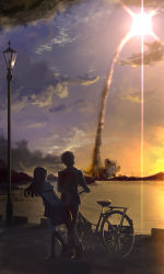 Rule 34 | 1boy, 1girl, bicycle, cloud, highres, kouji (astral reverie), lamppost, long hair, original, rocket, school uniform, sky, smoke trail, twilight