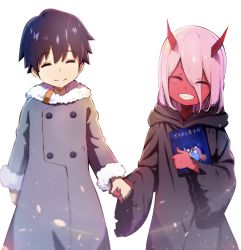 Rule 34 | 10s, 1boy, 1girl, black cloak, black hair, book, cloak, coat, colored skin, couple, darling in the franxx, closed eyes, fingernails, fringe trim, fur trim, grey coat, haanakko, holding hands, hetero, hiro (darling in the franxx), holding, holding book, hood, hooded cloak, horns, long hair, looking at another, oni horns, parka, pink hair, red horns, red skin, short hair, sleeping, sleeping on person, transparent background, winter clothes, winter coat, aged down, zero two (darling in the franxx)