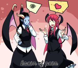 Rule 34 | 2girls, :d, :t, ^ ^, alternate costume, armband, arms up, bat wings, black hair, blue skin, closed eyes, collared shirt, colored skin, cosplay, crossover, demon girl, demon horns, demon wings, dota (series), dota 2, dress shirt, facial mark, fang, frills, hair between eyes, hand on own hip, head wings, heart, highres, horns, koakuma, koakuma (cosplay), long hair, long sleeves, low wings, mujib, multiple girls, necktie, open mouth, pointy ears, pout, queen of pain (dota), red hair, red necktie, shirt, sidelocks, skirt, skirt set, smile, spoken heart, spoken squiggle, squiggle, touhou, very long hair, vest, white shirt, wings