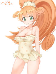 Rule 34 | 1girl, bare shoulders, blush, breasts, cleavage, collarbone, curly hair, gluteal fold, green eyes, high ponytail, highres, kai (nyanko daisensou), large breasts, long hair, looking at viewer, navel, nyanko daisensou, orange hair, signature, simple background, skirt, smile, solo, swimsuit, twin-7646, very long hair, white background