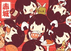 Rule 34 | 1girl, :t, akagi (kancolle), bag, black hair, bowl, bread, bucket, cake, character name, chibi, chopsticks, closed mouth, commentary request, curry, curry rice, drooling, eating, fish, food, food on face, highres, holding, holding bowl, holding chopsticks, holding food, holding plate, japanese clothes, kantai collection, long hair, mouth drool, multiple views, muneate, nada namie, onigiri, open mouth, paper bag, pizza, plate, recolored, rice, rice on face, saury, signature, simple background, tasuki, wide sleeves