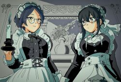 Rule 34 | 2girls, :o, alternate costume, apron, arm at side, arms at sides, bespectacled, black dress, blue hair, bouquet, breasts, candlestand, center frills, closed mouth, cowboy shot, dress, enmaided, eye contact, flower, frills, glasses, grey background, hair bun, hayami kanade, highres, holding candle stand, idolmaster, idolmaster cinderella girls, indoors, inichigaichi, juliet sleeves, large breasts, long hair, long sleeves, looking at another, looking to the side, maid, maid apron, mirror, monochrome background, multiple girls, plant, potted plant, puffy sleeves, reflection, sagisawa fumika, short hair, short hair with long locks, sidelocks, single flame, single hair bun, sleeve cuffs, smile, standing, underbust, vase, white eyes, yellow eyes