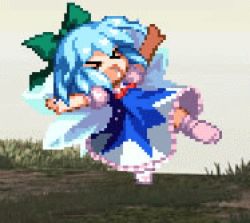 Rule 34 | &gt; &lt;, circled 9, animated, animated gif, blue hair, blue theme, bow, chibi, cirno, dress, closed eyes, hair bow, lowres, open mouth, outstretched arms, pixel art, short hair, spread arms, touhou, wings