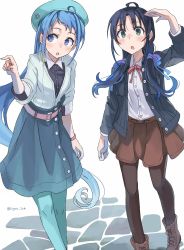Rule 34 | 2girls, alternate costume, beret, black hair, black jacket, black legwear, blue eyes, blue hair, blue headwear, blue legwear, blue shirt, brown skirt, feet out of frame, gradient hair, green eyes, hat, highres, jacket, kantai collection, long hair, low twintails, multicolored hair, multiple girls, pantyhose, pleated skirt, pointing, ribbon, samidare (kancolle), shirt, simple background, skirt, sugue tettou, suzukaze (kancolle), swept bangs, twintails, very long hair, white background, white jacket