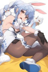 Rule 34 | 1girl, animal ear fluff, animal ears, black gloves, blue hair, braid, breasts, bridal garter, brown pantyhose, cleavage, commentary request, don-chan (usada pekora), gloves, highres, hololive, kurige horse, long hair, looking at viewer, medium breasts, multicolored hair, open mouth, orange eyes, pantyhose, rabbit ears, shoes, simple background, sitting, solo, thighs, twin braids, two-tone hair, usada pekora, usada pekora (1st costume), virtual youtuber, white background, white footwear, white hair