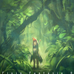 Rule 34 | 1girl, androgynous, arms at sides, brown eyes, brown hair, copyright name, dress, forest, full body, green dress, green theme, hat, jungle, looking up, nature, outdoors, pixiv fantasia, pixiv fantasia 5, plant, red hat, rei (sanbonzakura), scenery, short dress, short hair, solo, standing, tree, wide shot