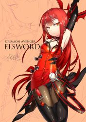 Rule 34 | 1girl, arm behind back, arm up, armpits, black gloves, crimson avenger (elsword), elbow gloves, elesis (elsword), elsword, fujidouyuu, gloves, long hair, looking at viewer, orange eyes, panties, panties under pantyhose, pantyhose, parted lips, red hair, simple background, solo, sword, thighhighs, underwear, very long hair, weapon, zipper, zoom layer