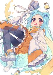 Rule 34 | 1girl, :d, black pantyhose, blue hair, blush, boots, bottle, brown eyes, brown scarf, brown skirt, commentary request, food, forehead, full body, ghost, highres, holding, holding staff, jacket, layered skirt, long hair, long sleeves, miyako (princess connect!), open mouth, pantyhose, pleated skirt, princess connect!, pudding, scarf, see-through, skirt, sleeves past fingers, sleeves past wrists, smile, solo, staff, transparent, two side up, v-shaped eyebrows, very long hair, wagashi928, white background, white footwear, white jacket