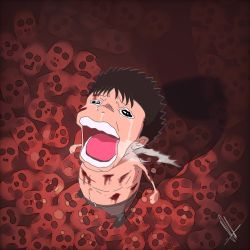 Rule 34 | 1boy, berserk, black hair, blood, chopper crying (meme), crying, crying with eyes open, guts (berserk), highres, levi art, looking up, male focus, meme, one piece, open mouth, parted lips, portuguese commentary, short hair, signature, solo, spiked hair, tears, the one piece is real (meme), tony tony chopper, topless, topless male