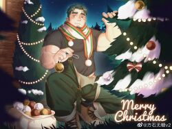 Rule 34 | 1boy, absurdres, arm hair, bara, belly, bulge, christmas, decorating, facial hair, goatee, green hair, green overalls, highres, huge eyebrows, large pectorals, male focus, mature male, merry christmas, midriff peek, muscular, muscular male, navel hair, oc (kn), original, overalls pull, pectorals, scarf, short hair, smile, solo, squatting, wutang