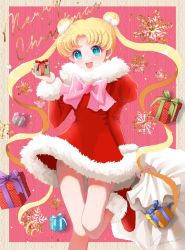 Rule 34 | 1girl, ankle boots, bishoujo senshi sailor moon, blonde hair, blue eyes, boots, box, christmas, christmas present, double bun, dress, earrings, female focus, fingernails, fur-trimmed boots, fur-trimmed dress, fur trim, gift, gift bag, gift box, hair bobbles, hair bun, hair ornament, heart, heart earrings, jewelry, juliet sleeves, long sleeves, long twintails, looking at viewer, merry christmas, nail polish, pink ribbon, pom pom (clothes), puffy sleeves, red nails, ribbon, sack, santa boots, santa costume, signature, sleeve cuffs, smile, tsukino usagi, twintails