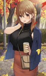 Rule 34 | 1girl, :d, absurdres, autumn, autumn leaves, between breasts, black sweater, blue jacket, breasts, brown eyes, brown hair, coffee cup, cowboy shot, cup, day, disposable cup, earrings, falling leaves, hair between eyes, hand up, high-waist skirt, highres, holding, holding cup, jacket, jacket on shoulders, jewelry, large breasts, leaf, long hair, looking at viewer, mole, mole under eye, necklace, open clothes, open jacket, open mouth, original, outdoors, park, red skirt, skirt, smile, solo, strap between breasts, sweater, tree, udon (udonalium)