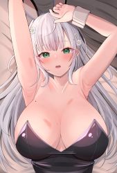 Rule 34 | 1girl, absurdres, animal ears, armpits, arms up, bed sheet, black leotard, blunt bangs, blush, breasts, cleavage, flower, green eyes, hair flower, hair ornament, hairclip, highres, hololive, large breasts, leotard, long hair, looking at viewer, lying, mole, mole on breast, on back, open mouth, playboy bunny, rabbit ears, shirogane noel, silver hair, solo, starfox1015, teeth, upper body, upper teeth only, virtual youtuber, wrist cuffs
