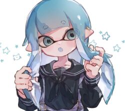 Rule 34 | 1girl, :o, blue hair, collarbone, commentary, dot nose, grey eyes, highres, inkling, inkling girl, inkling player character, long hair, nintendo, open mouth, pointy ears, sailor collar, sailor shirt, shirt, simple background, solo, splatoon (series), star (symbol), symbol-only commentary, tentacle hair, thick eyebrows, upper body, white background, yksb inc6