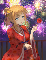 Rule 34 | 1girl, :o, absurdres, alc.3vol, blonde hair, blue eyes, braid, breasts, candy, commentary, fireworks, food, fran (shironeko project), french braid, hair bun, hair ribbon, highres, holding, holding candy, holding food, japanese clothes, kimono, long hair, looking at viewer, medium breasts, open mouth, red kimono, ribbon, shironeko project, single hair bun, solo, standing, yukata
