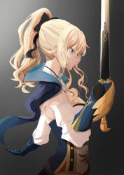 Rule 34 | 1girl, absurdres, black bow, black gloves, blonde hair, blue eyes, bow, capelet, cowboy shot, drill hair, from side, genshin impact, gloves, grey background, hair bow, highres, holding, holding sword, holding weapon, jean (genshin impact), long hair, ponytail, segina04, shirt, solo, sword, wavy hair, weapon, white shirt