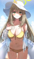 Rule 34 | 1girl, absurdres, bikini, blue archive, blush, breasts, cleavage, closed mouth, collarbone, cowboy shot, fingernails, front-tie bikini top, front-tie top, gluteal fold, green eyes, green halo, groin, hair between eyes, halo, hat, highres, large breasts, light brown hair, long hair, looking at viewer, navel, nonomi (blue archive), nonomi (swimsuit) (blue archive), official alternate costume, ojyomu, side-tie bikini bottom, smile, solo, swimsuit, wet, white hat, yellow bikini