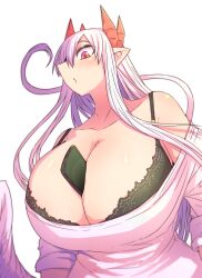 Rule 34 | 1girl, between breasts, black bra, bra, breasts, cellphone, cleavage, demon girl, demon horns, feathered wings, highres, holding, holding phone, horns, huge breasts, long hair, looking down, lorem (mazohaha), musuko ga kawaikute shikatanai mazoku no hahaoya, phone, pointy ears, pointy nose, red eyes, red horns, smartphone, tail, underwear, upper body, white background, white hair, white tail, white wings, wings, zyugoya