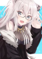 Rule 34 | 1girl, absurdres, animal ears, bare shoulders, blush, borumete, breasts, cleavage, earrings, fur-trimmed jacket, fur trim, grey eyes, grey hair, hair between eyes, highres, hololive, jacket, jewelry, lion ears, lion girl, long hair, looking at viewer, nail polish, open mouth, see-through, see-through cleavage, shishiro botan, shishiro botan (1st costume), simple background, smile, solo, virtual youtuber
