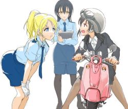 Rule 34 | 10s, 3girls, ayase eli, black hair, black legwear, blonde hair, blue eyes, blue hair, commentary request, formal, gloves, goggles, hair between eyes, helmet, leaning forward, long hair, looking at another, love live!, love live! school idol project, motor vehicle, motorcycle, multiple girls, necktie, open mouth, pantyhose, parted lips, pencil skirt, police, police uniform, policewoman, ponytail, red eyes, riding, scrunchie, simple background, sitting, skirt, sonoda umi, standing, suit, tetopetesone, uniform, white background, white gloves, yazawa nico
