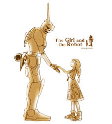 Rule 34 | 1girl, armor, copyright name, dress, english text, eye contact, height difference, helmet, jewelry, logo, long hair, looking at another, monaka (siromona), monochrome, necklace, outstretched hand, robot, simple background, smile, standing, the girl (gnr), the girl and the robot, the robot (gnr), white background