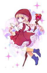 Rule 34 | 1girl, :o, blonde hair, blue footwear, blush, boots, bow, bracelet, braid, commentary request, dragon quest, dragon quest xi, dress, frilled dress, frills, from side, full body, hat, holding, holding staff, jewelry, kneehighs, layered dress, long hair, looking at viewer, looking to the side, omase (mnnk umai), orange socks, orb, parted lips, puffy short sleeves, puffy sleeves, purple eyes, red dress, red hat, short sleeves, socks, solo, sparkle, staff, star-shaped pupils, star (symbol), symbol-shaped pupils, twin braids, veronica (dq11), waist bow