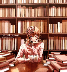 Rule 34 | 1girl, blonde hair, book, carrotsprout, chainsaw man, cosmo (chainsaw man), dangling eye, exposed brain, hair ribbon, head rest, heart, heart-shaped pupils, highres, library, looking at viewer, open book, pink shirt, ribbon, shelf, shirt, short twintails, smile, solo, symbol-shaped pupils, table, twintails, twitter username