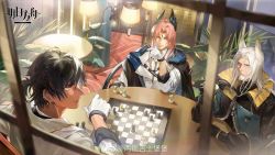 Rule 34 | 3boys, arknights, artist name, beard, black gloves, black hair, blue eyes, board game, braid, bright pupils, chess, chessboard, closed mouth, coat, copyright name, cup, dark-skinned male, dark skin, ear piercing, facial hair, facial mark, forehead mark, from behind, from outside, gloves, head wings, hellagur (arknights), highres, holding, holding cup, long hair, long sleeves, looking back, looking outside, male focus, multiple boys, mustache, orange eyes, parted bangs, passenger (arknights), piercing, pink hair, redsakaone, short hair, silver hair, sitting, smile, table, teacup, thorns (arknights), upper body, weibo watermark, white coat, white gloves, window, wings, yellow eyes