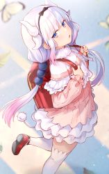 Rule 34 | 1girl, backpack, bag, blurry, bug, butterfly, capelet, depth of field, dragon girl, dragon horns, dress, e (ejkfogksiu sjsial), female focus, frilled dress, frills, gradient hair, hair bobbles, hair ornament, highres, horns, insect, kanna kamui, kobayashi-san chi no maidragon, low twintails, multicolored hair, open mouth, pink hair, randoseru, red footwear, shoes, sidelocks, solo, standing, standing on one leg, tail, thighhighs, twintails, white hair, white thighhighs