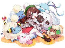 Rule 34 | 1girl, altaria, backpack, bag, bird, black sclera, blush, blush stickers, bob cut, boots, brown eyes, brown footwear, brown hair, cardigan, closed eyes, colored sclera, commentary request, creatures (company), dress, fluffy, full body, game freak, gen 2 pokemon, gen 3 pokemon, gen 5 pokemon, gen 6 pokemon, gen 8 pokemon, gloria (pokemon), green headwear, green legwear, grey cardigan, hat, highres, holding, holding pokemon, jumpluff, kurihara sakura, long sleeves, mareep, nintendo, one eye closed, open mouth, pink dress, pokemon, pokemon (creature), pokemon swsh, round teeth, sheep, short hair, sitting, smile, socks, swirlix, tam o&#039; shanter, teeth, trait connection, whimsicott, wooloo