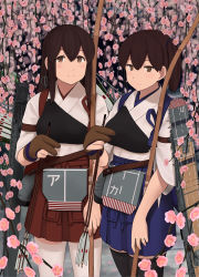 Rule 34 | 2girls, akagi (kancolle), apron, arrow (projectile), black legwear, bow (weapon), breasts, brown eyes, brown hair, cowboy shot, flight deck, flower, fuyube gin (huyube), gloves, holding, holding arrow, kaga (kancolle), kantai collection, large breasts, long hair, looking at viewer, mast, multiple girls, muneate, official style, partially fingerless gloves, partly fingerless gloves, plum blossoms, quiver, side ponytail, sidelocks, smile, straight hair, tasuki, thighhighs, weapon, white legwear, yugake, yumi (bow), zettai ryouiki