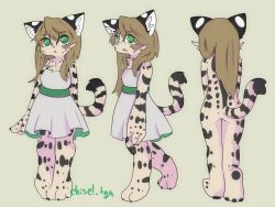 Rule 34 | 1girl, artist request, brown hair, character sheet, dress, female focus, furry, furry female, green eyes, leopard, long hair, simple background, solo